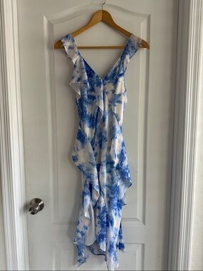 Amanda Uprichard White and Blue High-Low Ruffle Dress